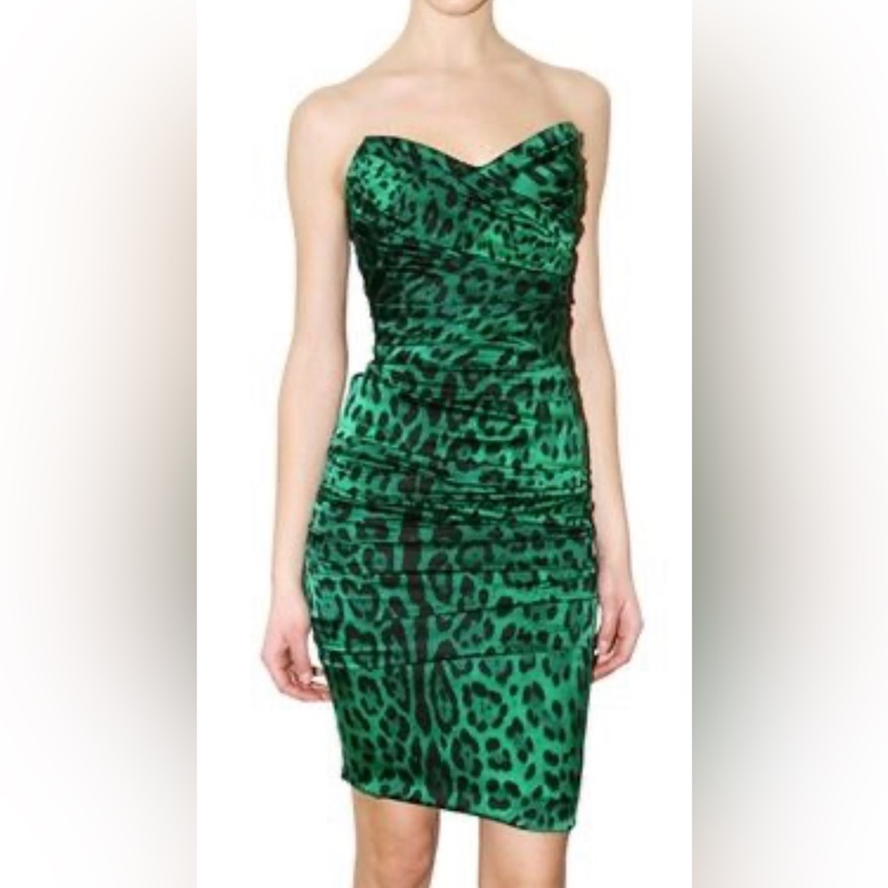 AUTHENTIC VINTAGE Dolce & Gabbana Emerald Leopard Strapless Satin Dress Size 38
